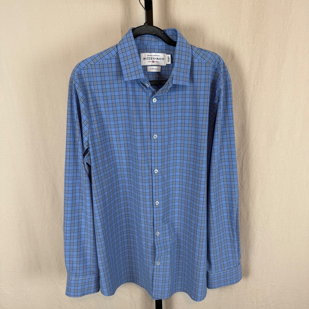 Mizzen+Main Leeward Collection Blue Plaid Trim Fit‎ Dress Shirt Men's X-Large
